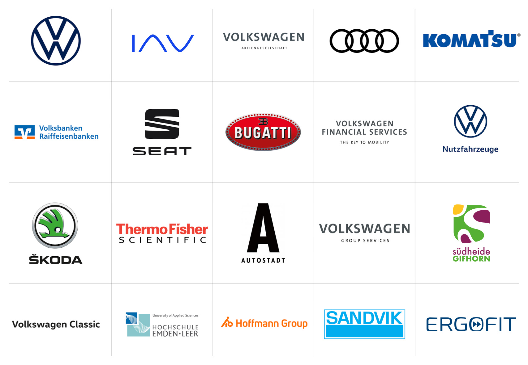 Logos von Volkswagen, Audi, IAV und anderen Unternehmen.